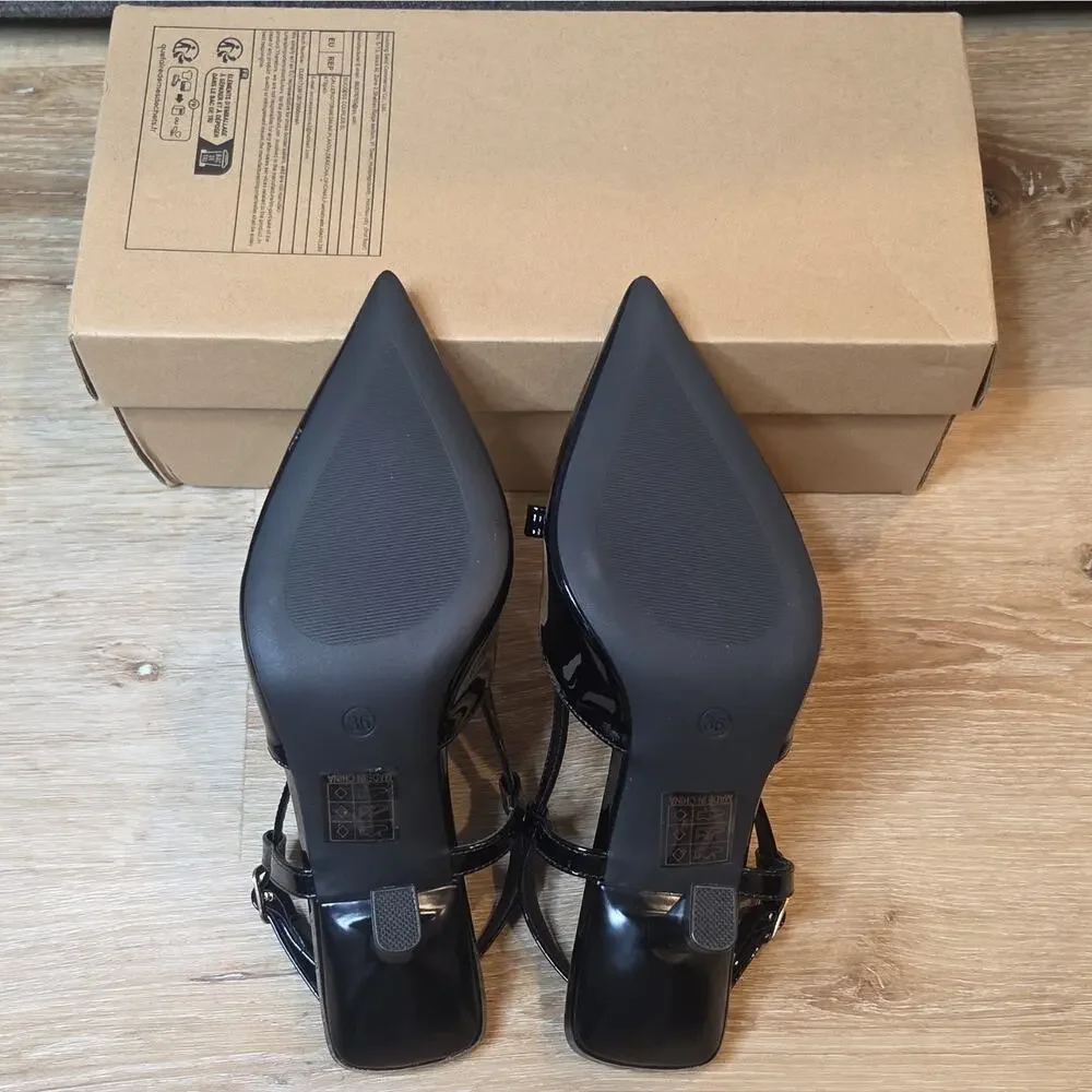 Black Patent Bow Slingback Stiletto Pointed Toe Buckle Heels 6 Women SHIPS FAST